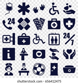 Help icons set. set of 25 help filled icons such as elevator, airport desk, aid post, baby hands, case with heart, medical cross, disabled, medical sign, bandage