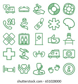 Help icons set. set of 25 help outline icons such as elevator, aid post, baby hands, case with heart, medical cross tag, bed, kidney, medical sign, hands holding heart