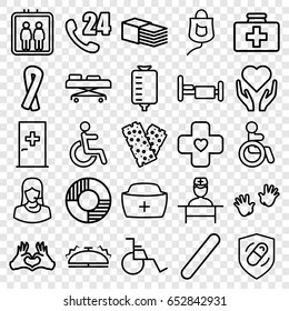 Help icons set. set of 25 help outline icons such as elevator, disabled, aid post, baby hands, ribbon, first aid kit, drop counter, bed, bandage, customer support, heart tag