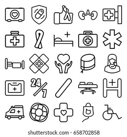 Help icons set. set of 25 help outline icons such as ribbon, case with heart, first aid kit, medical cross, bed, kidney, heart on hand, medical sign, customer support