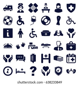 Help icons set. set of 36 help filled icons such as disabled, baby hands, ribbon, drop counter, kidney, heart on hand, medical sign, bandage, customer support