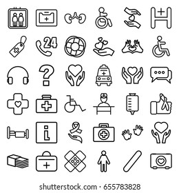 Help icons set. set of 36 help outline icons such as elevator, disabled, baby hands, case with heart, first aid kit, medical cross tag, drop counter, bed, kidney