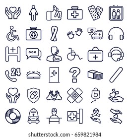 Help icons set. set of 36 help outline icons such as elevator, aid post, baby hands, ribbon, first aid kit, medical cross, heart on hand, disabled, bandage
