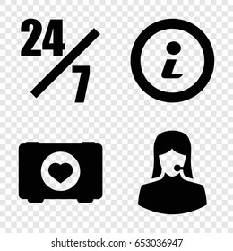 Help icons set. set of 4 help filled icons such as case with heart, customer support, info