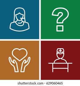 Help icons set. set of 4 help outline icons such as heart on hand, customer support, doctor