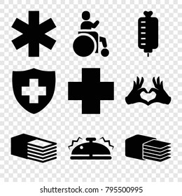 Help icons. set of 9 editable filled help icons such as medical sign, bandage, heart tag, medical cross, bell, disabled