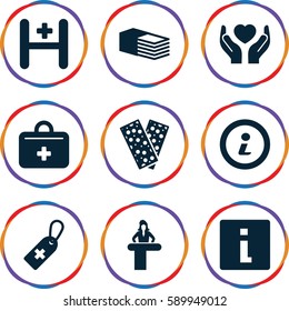help icons set. Set of 9 help filled icons such as airport desk, medical cross tag, bandage, hands holding heart, hospital, first aid kit