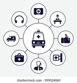 help icons set. Set of 9 help filled icons such as case with heart, medical cross, headset, injured finger, ambulance, doctor, first aid kit