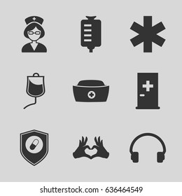 Help icons set. set of 9 help filled icons such as aid post, drop counter, medical sign, heart tag, headset, nurse hat, health insurance
