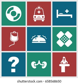 Help icons set. set of 9 help filled icons such as airport desk, kidney, drop counter, ambulance, bandage, medical bed, bell, lifebuoy