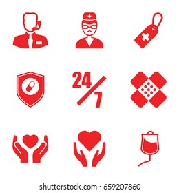 Help icons set. set of 9 help filled icons such as medical cross tag, hands holding heart, drop counter, health insurance, doctor, bandage, help support, 24 hours support