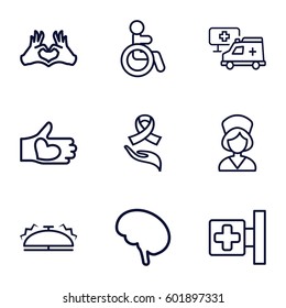 help icons set. Set of 9 help outline icons such as disabled, medical cross, heart tag, hand with heart, ribbon on hand, doctor, nurse, hospital