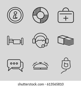 Help icons set. set of 9 help outline icons such as bed, bandage, operator, drop counter, first aid kit, bell, info, lifebuoy