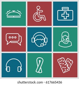 Help icons set. set of 9 help outline icons such as ribbon, first aid kit, disabled, bandage, customer support, headset, operator, bell