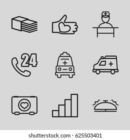 Help icons set. set of 9 help outline icons such as case with heart, bandage, hand with heart, ambulance, doctor, stair, bell
