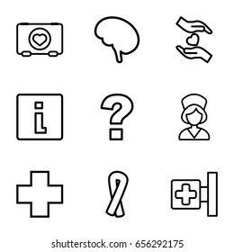 Help icons set. set of 9 help outline icons such as ribbon, case with heart, medical cross, hands holding heart, doctor, nurse, info