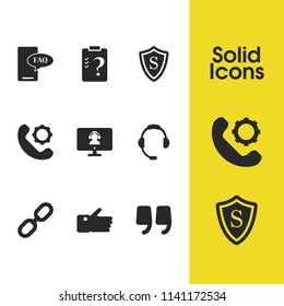 Help icons set with call with gear, end of quote and safety elements. Set of help icons and hyperlink concept. Editable vector elements for logo app UI design.