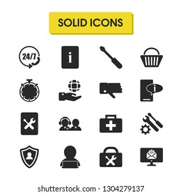 Help icons set with help case, hand world, screwdriver elements. Set of help icons and equipment concept. Editable vector elements for logo app UI design.