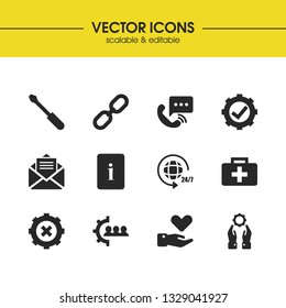 Help icons set with checkbox gear, document support and message elements. Set of help icons and setting concept. Editable vector elements for logo app UI design.