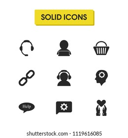 Help icons set with help cloud, shopping basket and manager with notebook elements. Set of help icons and network concept. Editable vector elements for logo app UI design.