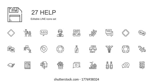 conjunto de iconos de ayuda. Colección de ayuda con aditivos, inundación, chat, truco, pajarera, manual, hermes, caduceus, mensaje en una botella, salvavidas, escalador. Iconos de ayuda editables y escalables.