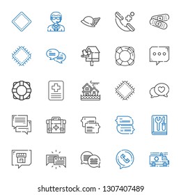 help icons set. Collection of help with ambulance, phone call, chat, manual, first aid kit, patch, flood, hospital, lifebuoy, lifesaver, birdhouse. Editable and scalable help icons.