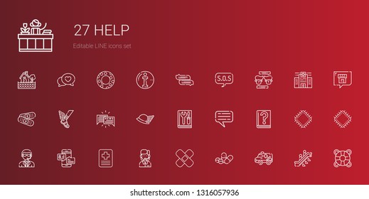 help icons set. Collection of help with ambulance, pills, patch, customer service, hospital, chat, doorman, guide, manual, hermes, band aid. Editable and scalable help icons.