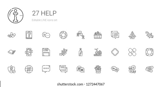 help icons set. Collection of help with chat, trick, insurance, patch, flood, message in a bottle, escalator, diskette, hermes, receptionist. Editable and scalable help icons.