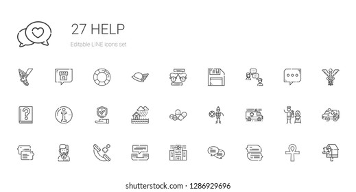 help icons set. Collection of help with chat, hospital, phone call, customer service, ambulance, lifeguard, pills, flood, insurance, info, guide. Editable and scalable help icons.
