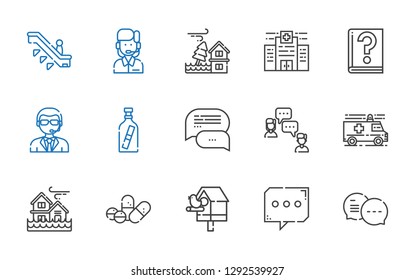 help icons set. Collection of help with chat, birdhouse, pills, flood, ambulance, message in a bottle, doorman, guide, hospital, customer service. Editable and scalable help icons.