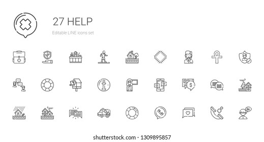 help icons set. Collection of help with chat, phone call, lifesaver, ambulance, flood, guide, info, birdhouse, float, customer service, patch. Editable and scalable help icons.