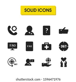 Help icons set with faq monitor, document faq and like elements. Set of help icons and globe concept. Editable vector elements for logo app UI design.