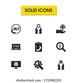 Help icons set with hand with gear, monitor message, loupe helper elements. Set of help icons and repair concept. Editable vector elements for logo app UI design.
