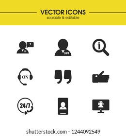 Help icons set with loupe helper, like and manager for help elements. Set of help icons and help service concept. Editable vector elements for logo app UI design.