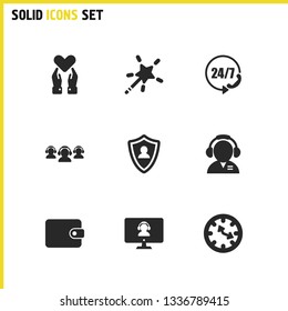 Help icons set with magic wand, group operator, shield manager elements. Set of help icons and wallet concept. Editable vector elements for logo app UI design.