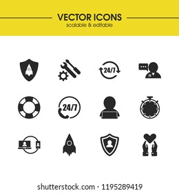 Help icons set with manager with notebook, chat assistant and lifebuoy elements. Set of help icons and care concept. Editable vector elements for logo app UI design.