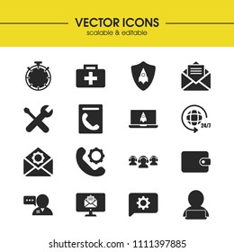 Help icons set with message gear, call with gear and group operator elements. Set of help icons and open letter concept. Editable vector elements for logo app UI design.