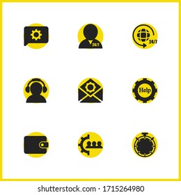Help icons set with message gear, timer and chat elements. Set of help icons and wallet concept. Editable vector elements for logo app UI design.