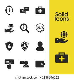 Help icons set with shield manager, click help and shield rocket elements. Set of help icons and security concept. Editable vector elements for logo app UI design.
