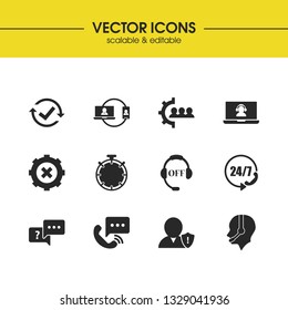 Help icons set with support call, gear setting and cloud elements. Set of help icons and choice concept. Editable vector elements for logo app UI design.