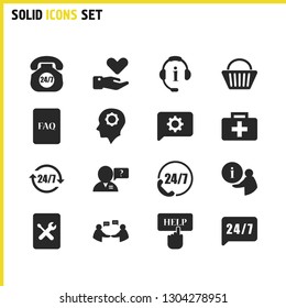 Help icons set with support telephone, user helper and user gear elements. Set of help icons and member concept. Editable vector elements for logo app UI design.