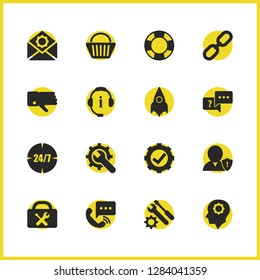 Help icons set with user gear, checkbox gear and message gear elements. Set of help icons and call center concept. Editable vector elements for logo app UI design.