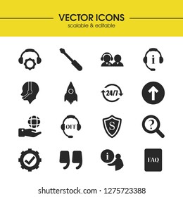 Help icons set with user helper, checkbox gear and helpline elements. Set of help icons and turn-screw concept. Editable vector elements for logo app UI design.