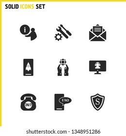 Help icons set with user helper, support for monitor and mobile faq elements. Set of help icons and conversation concept. Editable vector elements for logo app UI design.