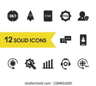 Help icons set with warning manager, gear and discuss elements. Set of help icons and shuttle concept. Editable vector elements for logo app UI design.