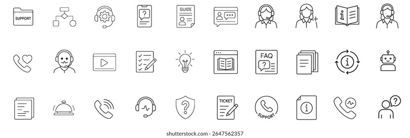 Help and Info Essentials Stroke Icon Pack — Featuring Contact, FAQ, Support Tools, and Assistance Symbols in Outline Style.