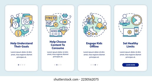 Help kids to cope with doomscrolling onboarding mobile app screen. Walkthrough 4 steps editable graphic instructions with linear concepts. UI, UX, GUI template. Myriad Pro-Bold, Regular fonts used