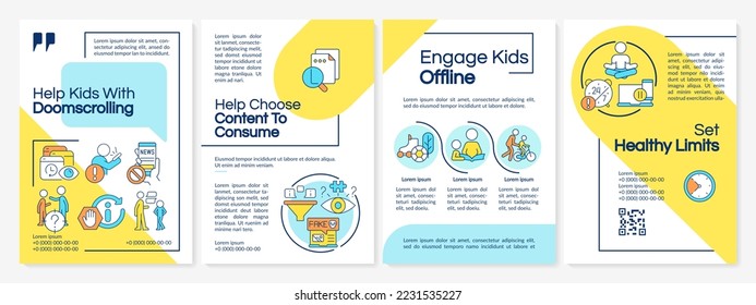 Help kids with doomsurfing blue and yellow brochure template. Leaflet design with linear icons. Editable 4 vector layouts for presentation, annual reports. Questrial, Lato-Regular fonts used