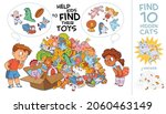 Help kids find their toys. Find 10 hidden cats. Children and huge bunch of different and colored toys. Find 10 hidden objects in the picture. Puzzle Hidden Items. Visual Game. Funny cartoon character