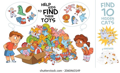 Help kids find their toys. Find 10 hidden cats. Children and huge bunch of different and colored toys. Find 10 hidden objects in the picture. Puzzle Hidden Items. Visual Game. Funny cartoon character